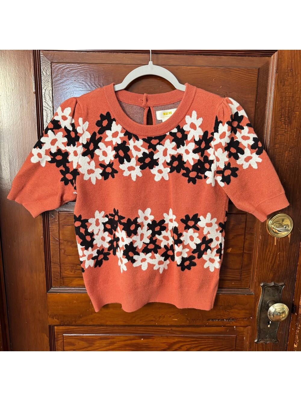 70s Retro Maeve by Anthropologie Orange Floral Jacquard Knit Tee Size Xsmall